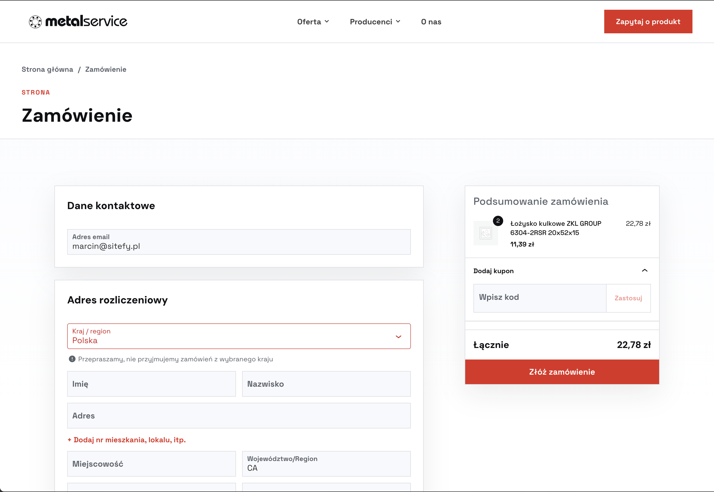 Widok składania zamówienia w sklepie Metal Service